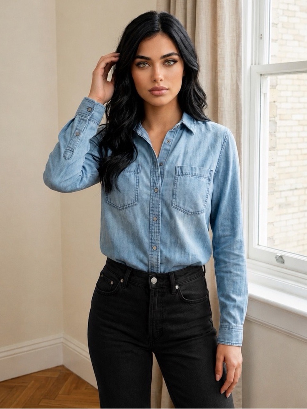 Women's Express Collared Denim staple casual Shirt top Size S blue EUC